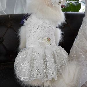 New Sz M Pet White Dress Wedding Bridal Costume Dog Cat Sequins Sparkle Skkrt